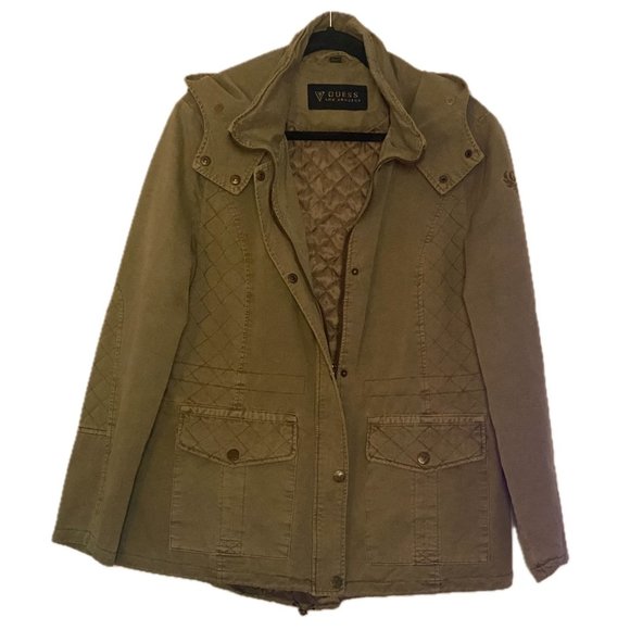 😊Guess Army Style Utility Jacket Cotton Chore Coat Zip Snap Hood Pockets Size M - Picture 2 of 16